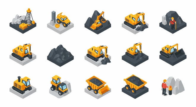 Isometric icons representing coal mining industry with excavators, trucks, and miners.