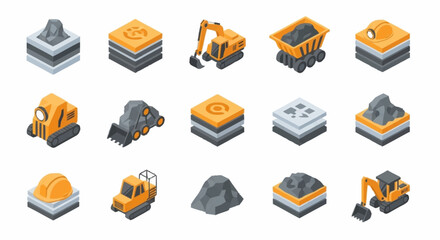 Isometric construction equipment and materials icons set, including excavators, dump trucks, and piles of gravel. © erviana