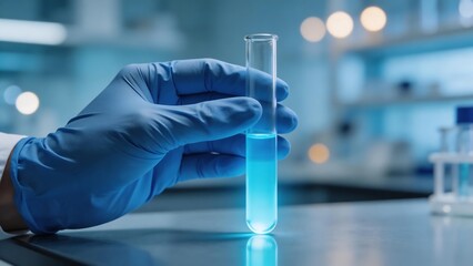 Fototapeta premium Gloved hand holding test tube with blue liquid