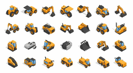 Collection of isometric construction vehicles and machinery in yellow and grey colors. © erviana