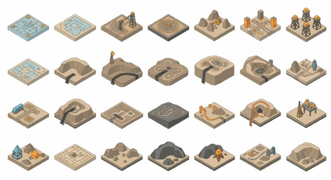 Collection of isometric 3D game terrain tiles and elements for fantasy or sci-fi settings.