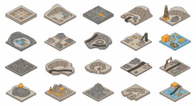 Collection of isometric game map tiles representing various terrains and structures.