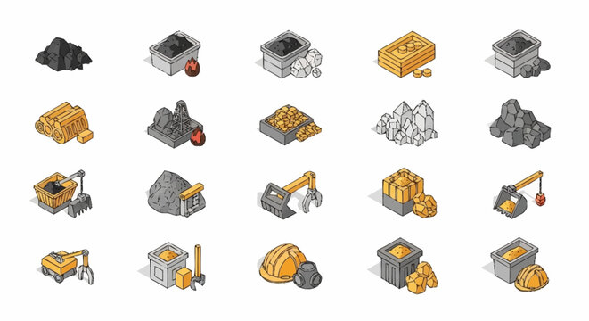 Isometric icons representing mining industry resources and equipment, including coal, gold, and excavators.