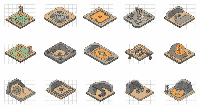 Isometric game map tiles with various terrain types and structures for fantasy settings.