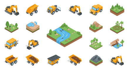 Isometric construction and mining vehicles with landscape elements, including excavators, dump trucks, and natural scenery. © erviana