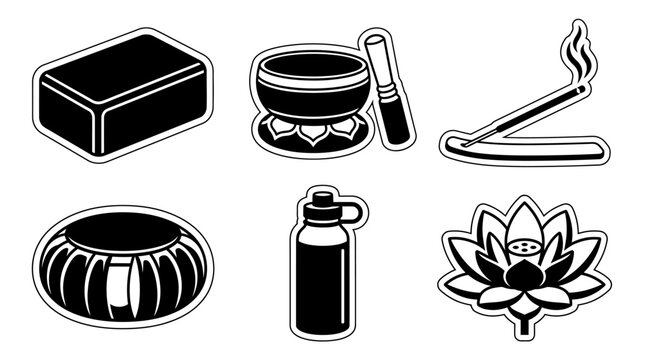 Yoga and Meditation Icons: Block, Singing Bowl, Incense, Cushion, Water Bottle, Lotus Flower. Minimalist Line Art.