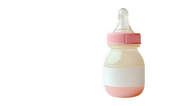 Baby bottle filled with formula milk featuring a pink cap and a blank label for easy customization and branding needs for infant product packaging mockups presented here on transparent background