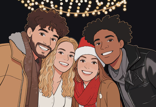 Cheerful friends gathering for festive holiday night out