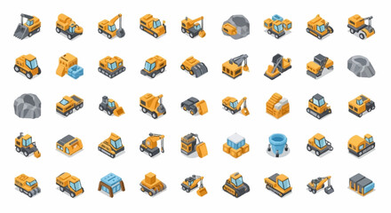 Collection of isometric construction vehicles and equipment icons, perfect for design projects. © erviana