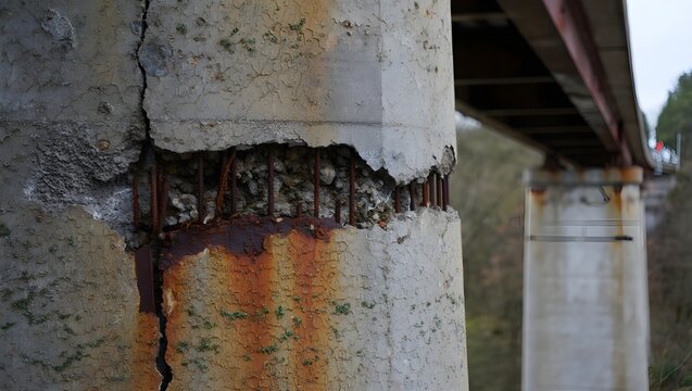 Close up of cracked concrete bridge pillar revealing rebar