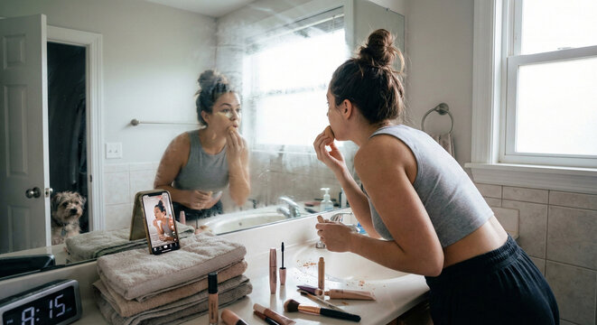 Young woman applying concealer makeup in foggy bathroom mirror with smartphone tripod and pet dog in doorway.