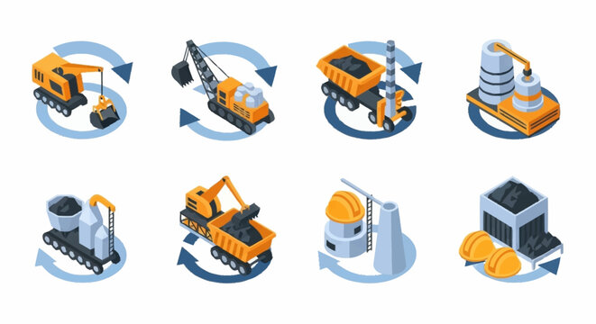 Isometric icons representing the coal mining and processing industry, showing excavators, trucks, and processing plants.