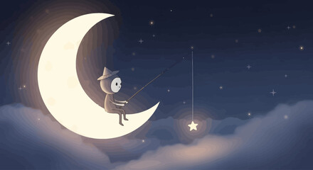 Cartoon vector illustration of a night sky with moon and stars in space landscape © Mark