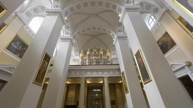 Vilnius, Lithuania &ndash; April  25 2026: Interior of Vilnius Cathedral featuring pipe organ on balcony and classical architecture