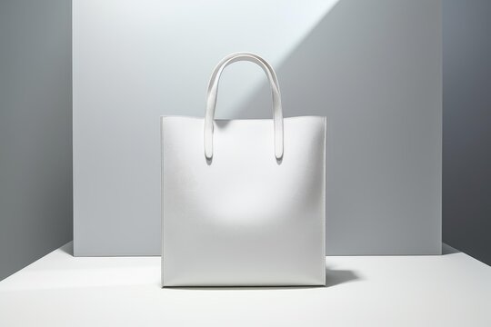White modern tote bag standing on a white surface with strong shadow