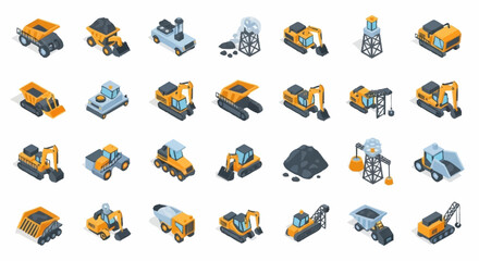 Collection of isometric construction and mining vehicles and equipment, isolated on white background. © erviana