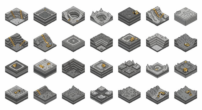 Collection of isometric 3D terrain tiles with varied geological formations and golden accents, suitable for game development.