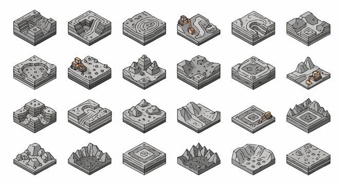 Collection of isometric terrain tiles for game development, featuring varied landscapes and structures.