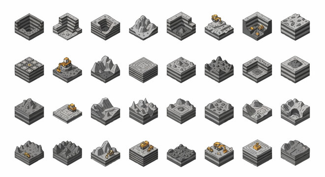 Isometric 3D game assets representing various terrain types and building blocks for strategy games.