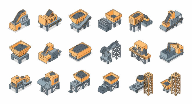 Isometric Industrial Machinery and Equipment Collection for Mining and Construction.