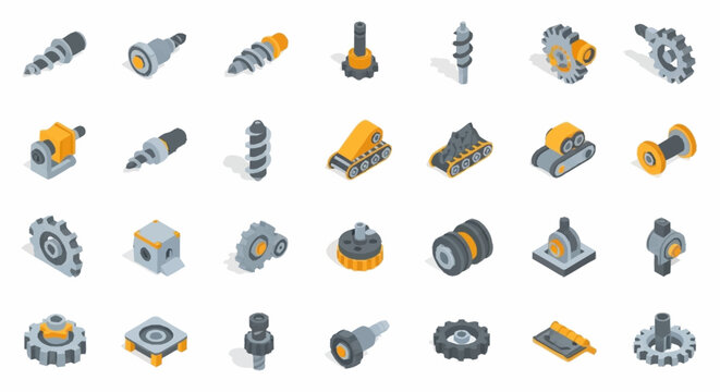 Collection of isometric industrial machine parts and components, including gears, screws, and mechanical elements.