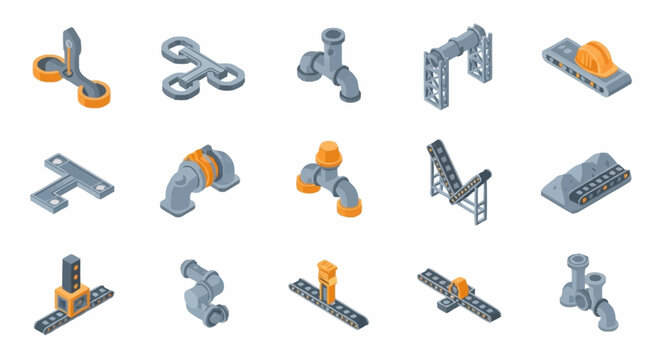 Set of isometric industrial pipeline components and equipment, isolated on white background.