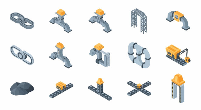 Isometric industrial elements and construction components including pipes, chains, and machinery.