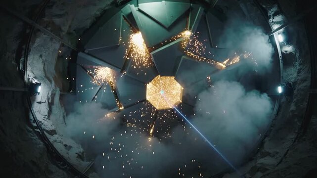 Cavernous depths reveal a colossal mechanical marvel powering up, sending golden sparks and ethereal light through the swirling mists