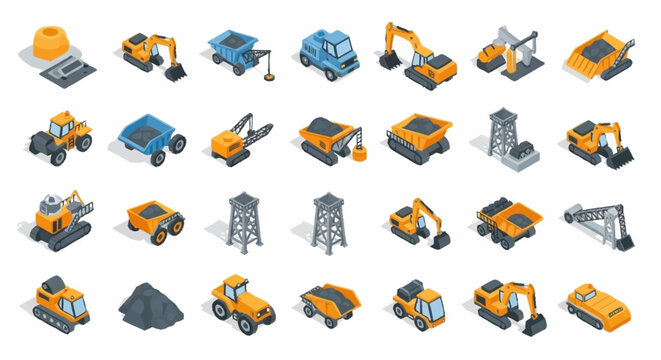 Isometric set of construction and mining vehicles and equipment, isolated on white background.
