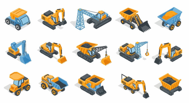 Collection of isometric construction vehicles and heavy machinery on a white background.
