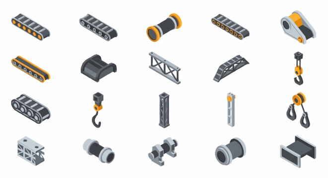 Collection of isometric industrial machine parts and components, including conveyor belts, cranes, and structural elements.