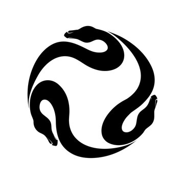 Minimalist snake circle logo, black serpent silhouette in triple spiral design, mystical reptile emblem for branding and tattoo art