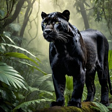 Realistic photograph of a stealthy black panther walking through the dense green foliage of a tropical rainforest, focused gaze.
