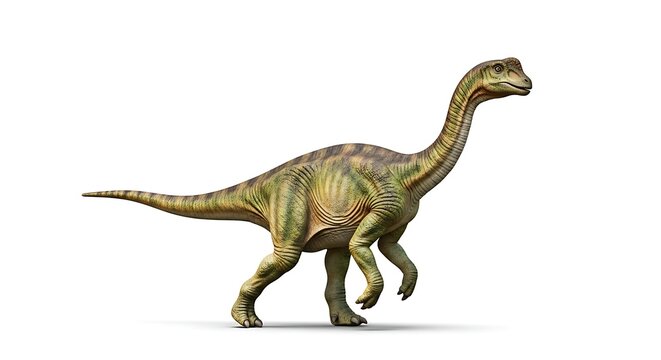 Illustration of a large, green, herbivorous dinosaur with a long neck and tail, walking on a white background in profile.