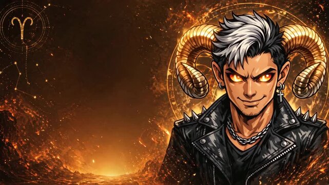 Fiery male character as Aries zodiac with horns and glowing eyes, dramatic lava background, suitable for horoscope visuals, strength themes, bold personality, fantasy art, and dynamic branding.