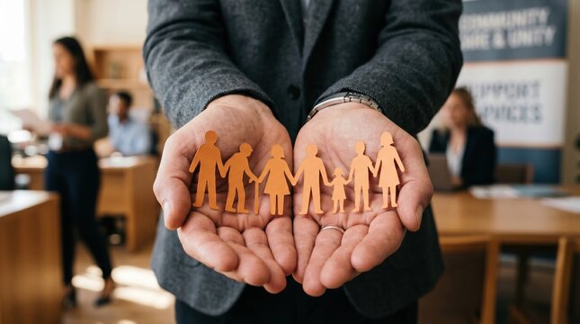 Professional holding orange paper family cutout in office setting with professional business community counseling