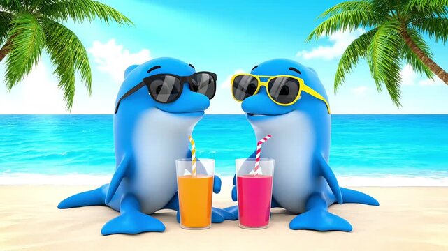 Two cheerful dolphins wearing sunglasses sip colorful drinks on a sunny tropical beach.