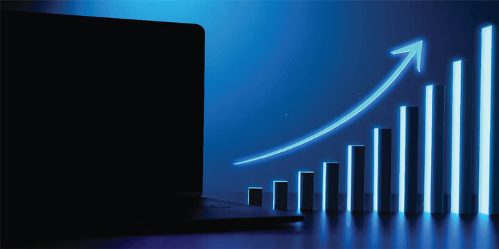 A 3d blue financial growth chart with an upward arrow on a black background illustrates a successful investment and data progress concept for business reports