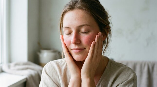 Caring for sensitive skin: young woman with redness on her cheeks closing eyes sensitive dermatology irritation