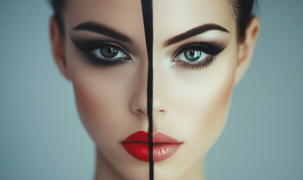 Woman with make up half face one makeup half face another make up, half head one hairstyle half head another hairstyle photo portrait style.