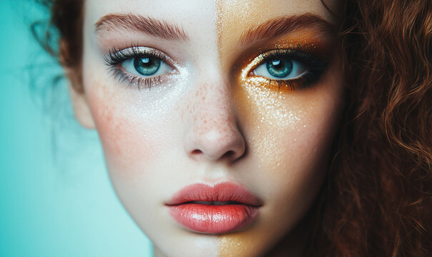 Woman with make up half face one makeup half face another make up, half head one hairstyle half head another hairstyle photo portrait style.