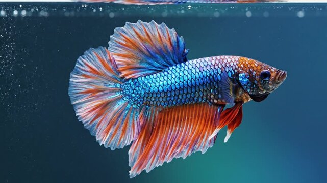 A vibrant blue and orange betta fish swims in water in this video