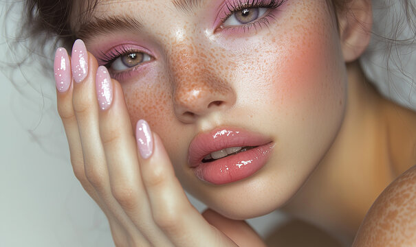 A close-up of a model with long nails. She has pink eye shadow and blush on her cheeks.