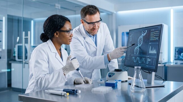 Two diverse scientists in lab coats analyzing DNA sequence on computer monitor, using pipette for genetic research and biotechnology experiment with data visualization
