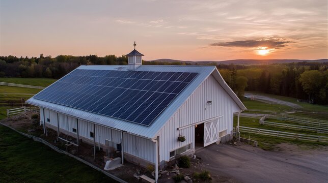 Barn with solar panels and cupola in a serene pastoral landscape at sunset