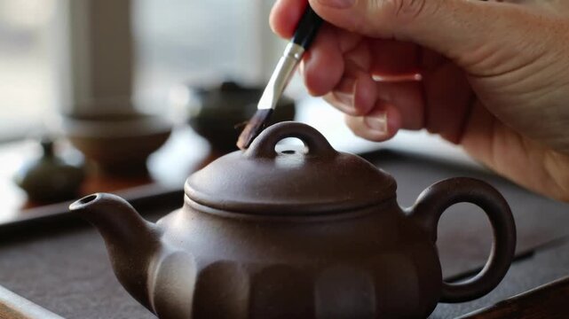 Gentle brushstroke caresses a traditional Yixing teapot in a quiet tea chamber, capturing the essence of an ancient ritual