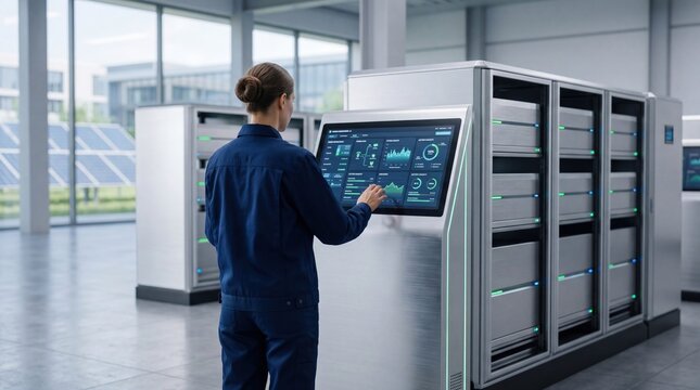 Female technician monitoring server rack data center with touchscreen interface, IT infrastructure management, cloud computing network system control room, digital technology and