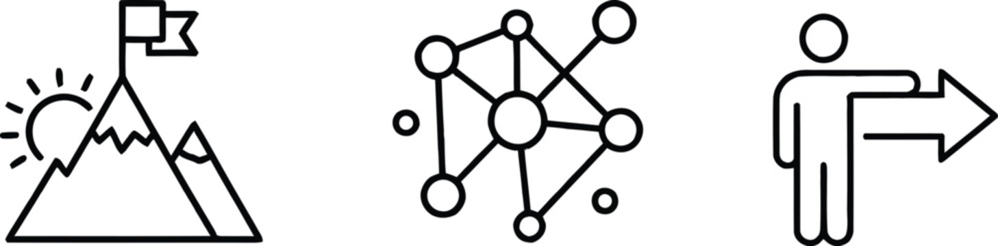 Business strategy icons set featuring mountain peak success flag network connectivity nodes and leadership direction arrow symbols in minimal line art style vector