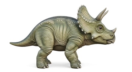 Fototapeta premium Detailed side view of a realistic Triceratops dinosaur model with textured skin and horns on a white background.