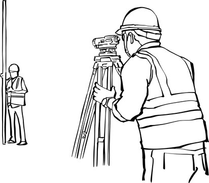 A civil engineer wearing a safety helmet looking through a leveling instrument on a tripod for construction site measurement.